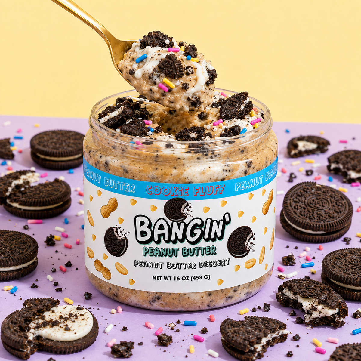 Scoop of Cookie Fluff dessert peanut butter with chocolate cookie pieces, marshmallow creme and rainbow sprinkles.