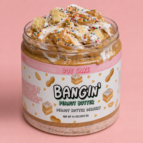 Dot Cake Peanut Butter Dessert – white chocolate peanut butter base with vanilla cake pieces, marshmallow creme and rainbow sprinkles