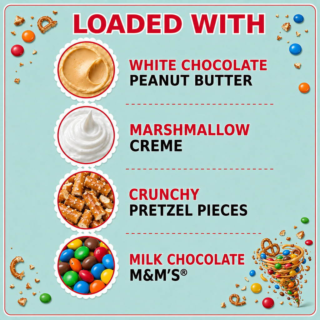 Sweet & Salty Cyclone dessert peanut butter loaded with pretzel pieces, milk chocolate candy pieces and layers of marshmallow creme.