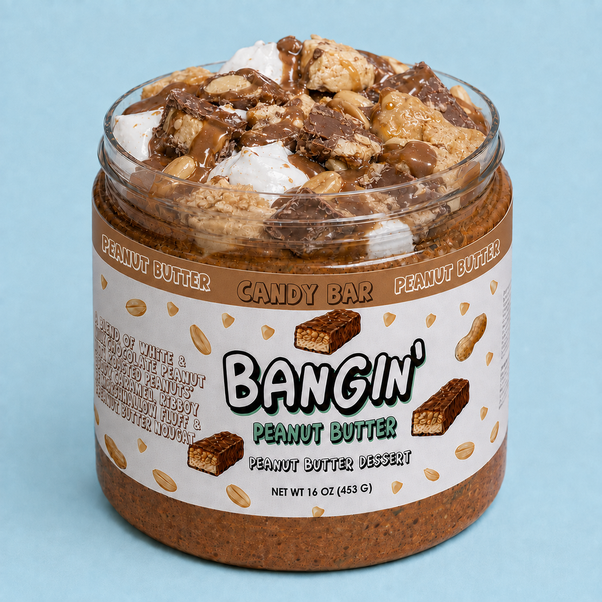 Candy Bar dessert peanut butter loaded with chocolate candy bar pieces, peanut butter nougat, marshmallow creme, roasted peanuts and caramel drizzle.