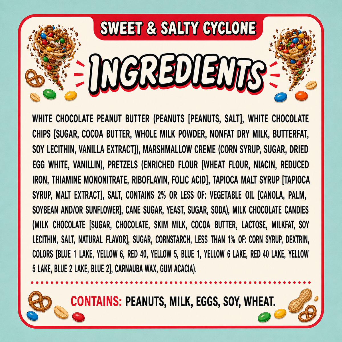 Sweet & Salty Cyclone dessert peanut butter made with fresh-ground peanut butter, white chocolate, marshmallow creme, crunchy pretzels and milk chocolate candy pieces.