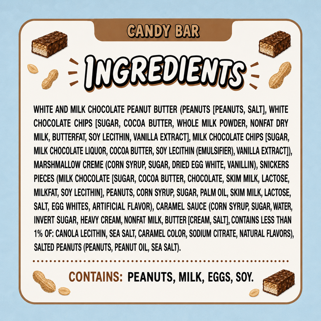 Candy Bar dessert peanut butter made with fresh-ground peanut butter, white and milk chocolate, peanut butter nougat, marshmallow creme, roasted peanuts and caramel.