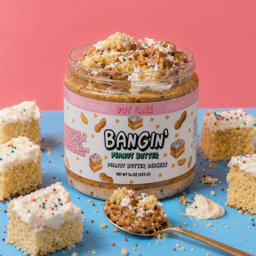 Scoop of Dot Cake dessert peanut butter with vanilla cake pieces, marshmallow creme and colorful sprinkles.